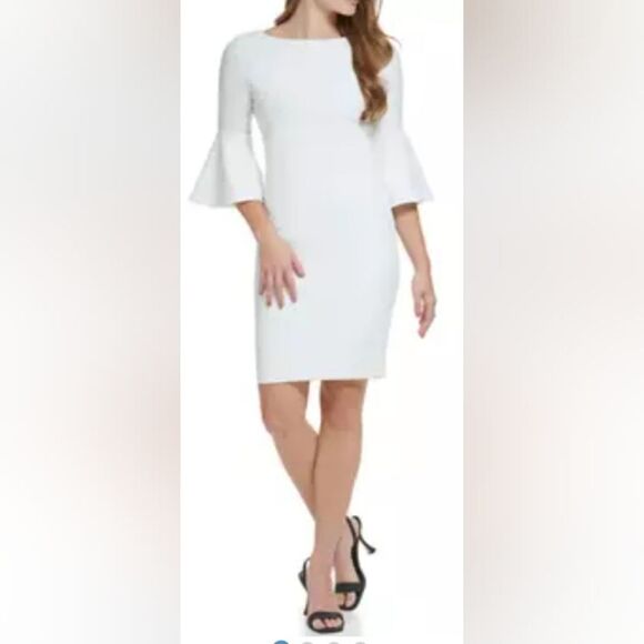 Calvin Klein Dresses & Skirts - Calvin Klein 3/4 Boat Neck Bell Sleeve Scuba Sheath Dress NWOT size 10 White